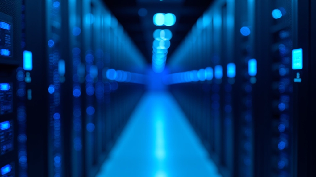 Moderns datu centrs ar serveriem un zilo LED apgaismojumu
