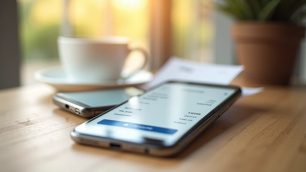 Divi mobilie tālruņi ar bankas aplikāciju, viens parāda maksājuma ekrānu, otrs iesniedz kvīti